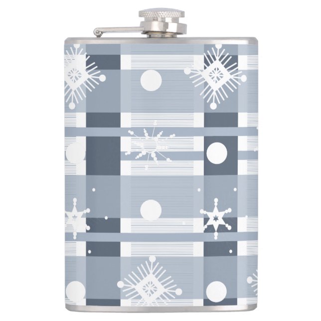 Christmas Plaid Blue Snowflakes Thermal  Hip Flask (Front)