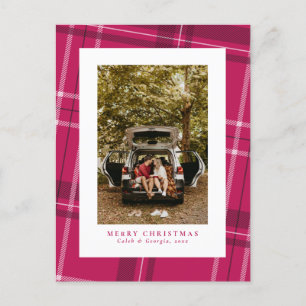 Christmas plaid bold magenta pink photo holiday postcard