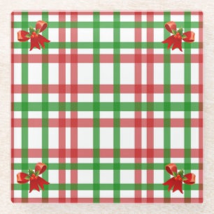 Christmas Plaid Bow Accent Country Glass Coaster