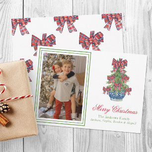 Christmas Plaid Bow Chinoiserie Topiary Tree Photo Holiday Card
