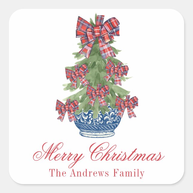 Christmas Plaid Bow Chinoiserie Topiary Tree Square Sticker (Front)