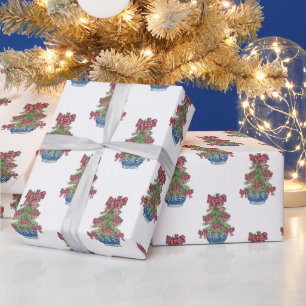 Christmas Plaid Bow Chinoiserie Topiary Tree Wrapping Paper