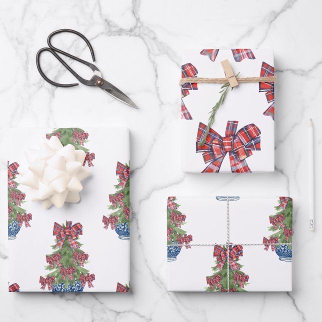 Christmas Plaid Bow Chinoiserie Topiary Tree Wrapping Paper Sheet (Front)