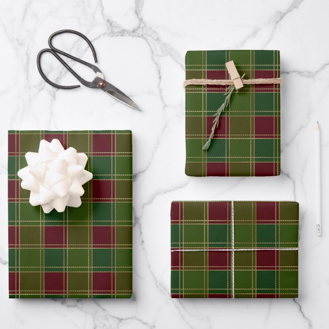 Christmas plaid burgundy green gold elegant wrapping paper sheet (Front)