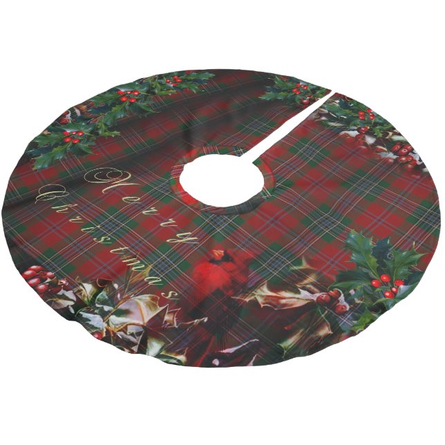 Christmas Plaid Cardinal Brushed Polyester Tree Skirt (Angled)