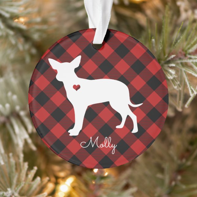 Christmas Plaid Chihuahua Dog Name Photo Ornament (Tree)