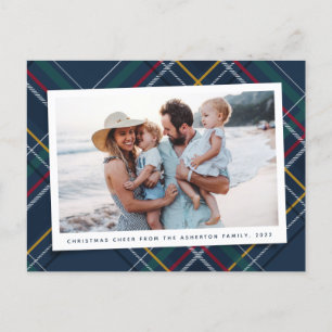 Christmas plaid classic navy tartan one photo holiday postcard