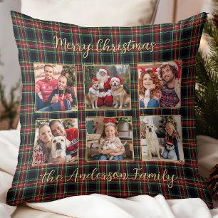 Christmas Plaid Custom Gold 6 Photo Collage Family Cushion