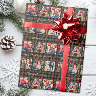 Christmas Plaid Custom Gold Family 6 Photo Collage Wrapping Paper