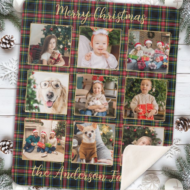 Christmas Plaid Custom Gold Photo Collage Family Sherpa Blanket (Creator Uploaded)