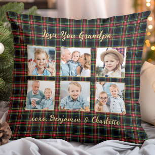 Christmas Plaid Custom Gold Photo Collage Grandpa Cushion