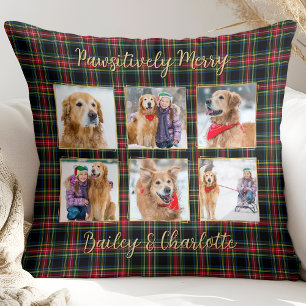Christmas Plaid Custom Gold Photo Collage Pet Dog Cushion
