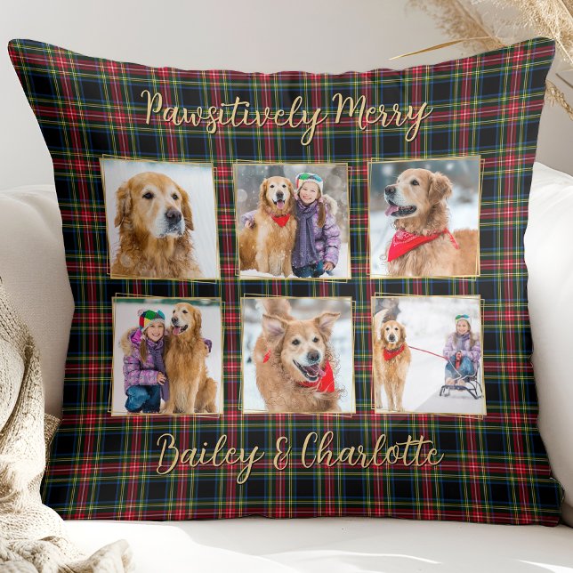 Christmas Plaid Custom Gold Photo Collage Pet Dog Cushion (Creator Uploaded)