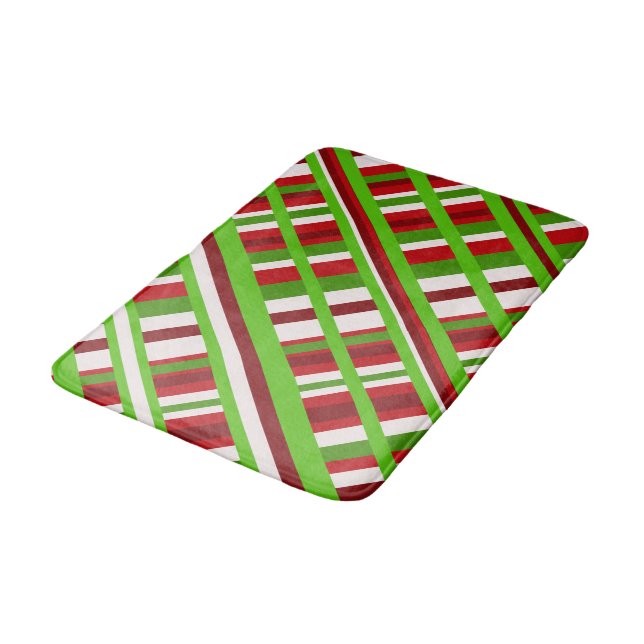 Christmas Plaid Diagonal in Red, Green and White Bath Mat (Angled)