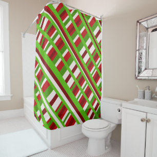 Christmas Plaid Diagonal in Red, Green and White Shower Curtain