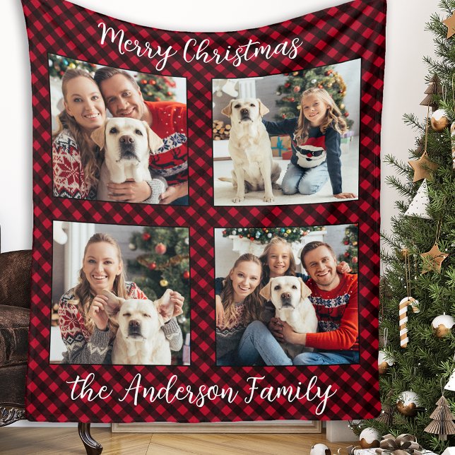 Christmas Plaid Family Custom Modern 4 Picture Fleece Blanket (Creator Uploaded)