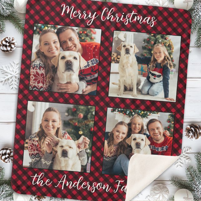 Christmas Plaid Family Custom Modern 4 Picture Sherpa Blanket (Creator Uploaded)