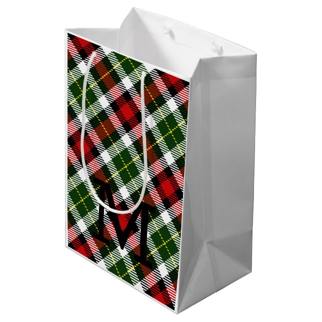 Christmas Plaid Family INITIAL Festive Holiday Fun Medium Gift Bag (Back Angled)