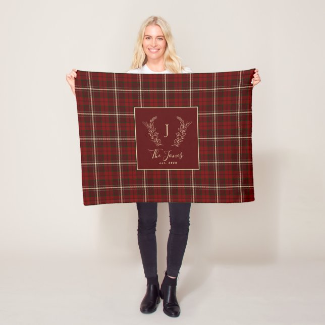 Christmas plaid family monogram name burgundy fleece blanket (In Situ)