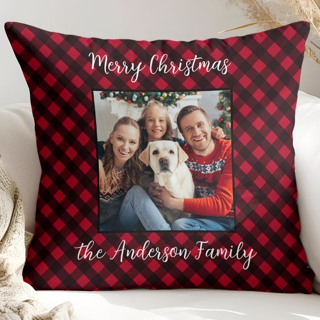 Christmas Plaid Family Personalised Modern Photo  Cushion (Creator Uploaded)