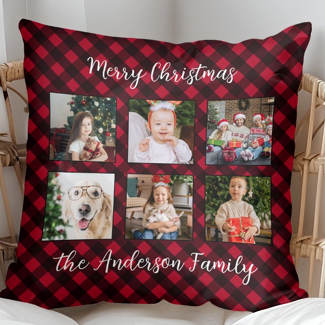 Christmas Plaid Family Personalised Photo Collage Cushion (Creator Uploaded)