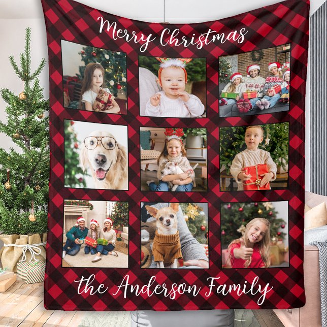 Christmas Plaid Family Personalised Photo Collage Fleece Blanket (Creator Uploaded)