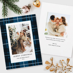 Christmas Plaid Family Photo Dark Blue Tartan Flat Holiday Card