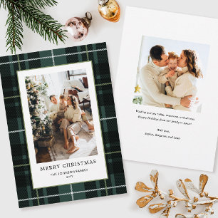 Christmas Plaid Family Photo Dark Green Tartan Holiday Card