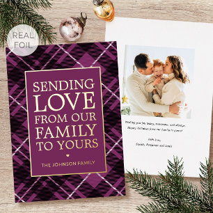 Christmas Plaid Family Photo Dark Pink Luxury Gold Foil Holiday Card