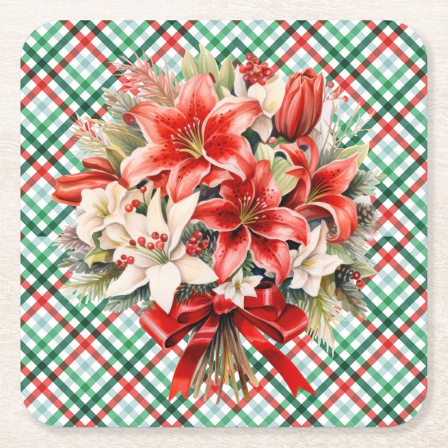 Christmas Plaid Floral Classic Holiday Pattern 6 Square Paper Coaster (Front)