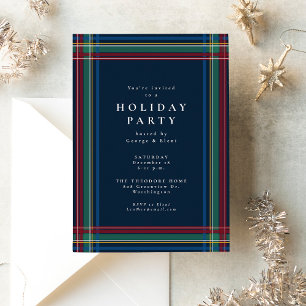 Christmas plaid frame simple navy holiday party invitation