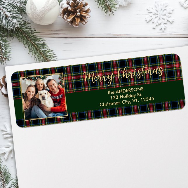 Christmas Plaid Gold Family Photo Return Address Label (Creator Uploaded)