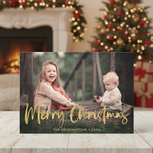 Christmas Plaid Gold Foil Script Holiday Photo Card