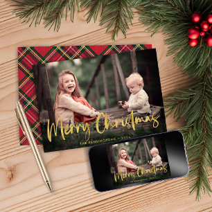 Christmas Plaid Gold Foil Script Holiday Photo Card