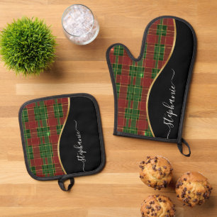 Christmas Plaid Gold Personalised Oven Mitt & Pot Holder Set