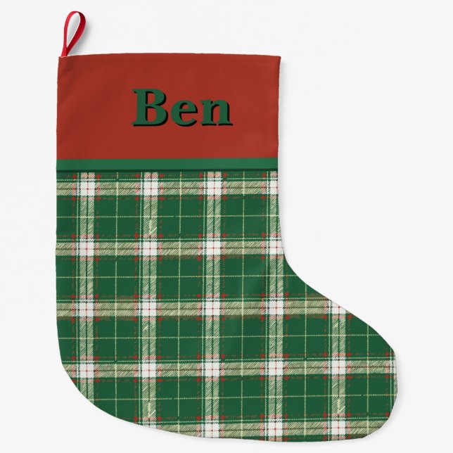 Christmas Plaid Green and White Large Christmas Stocking (Front)