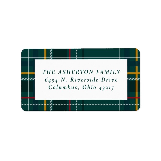 Christmas plaid green holiday return address label (Front)