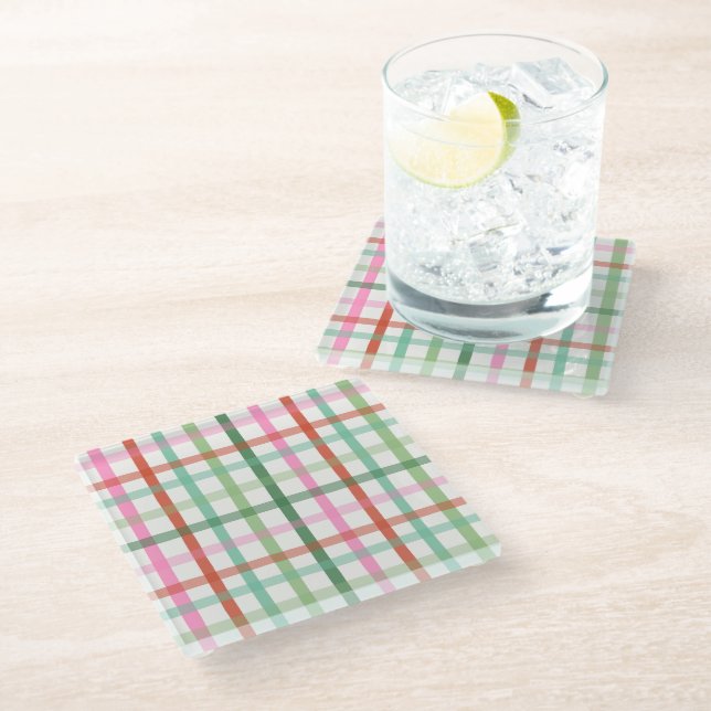 Christmas Plaid - Green & Pink White Glass Coaster (Angled)