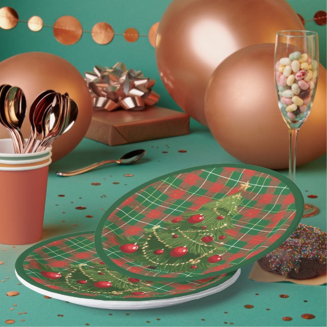 Christmas Plaid Green, Red, Gold, White Paper Plate (Multi)