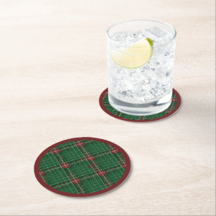 Christmas Plaid Green, Red Round Paper Coaster