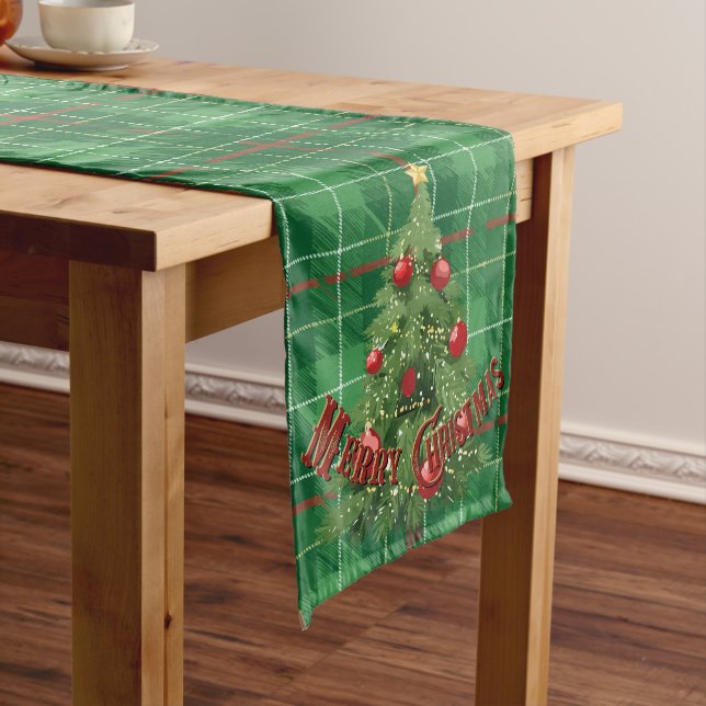 Christmas Plaid Green with Red, Gold, White Long Table Runner (In Situ)