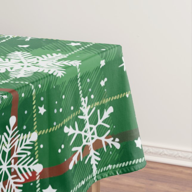 Christmas Plaid Green with White Snowflakes Tablecloth (In Situ)