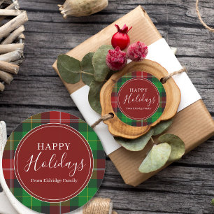 Christmas Plaid Happy Holidays Family Name Classic Round Sticker