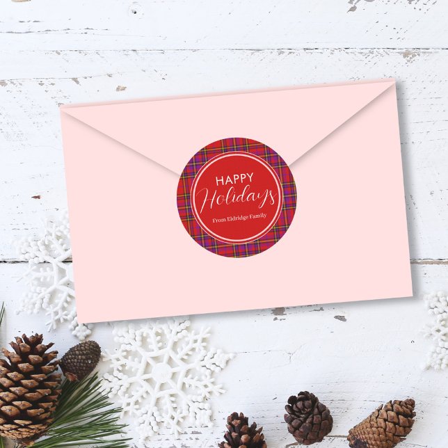 Christmas Plaid Happy Holidays Family Name  Classic Round Sticker (Creator Uploaded)