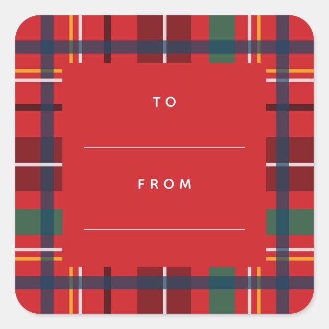 Christmas plaid holiday to from blank red gift square sticker (Front)