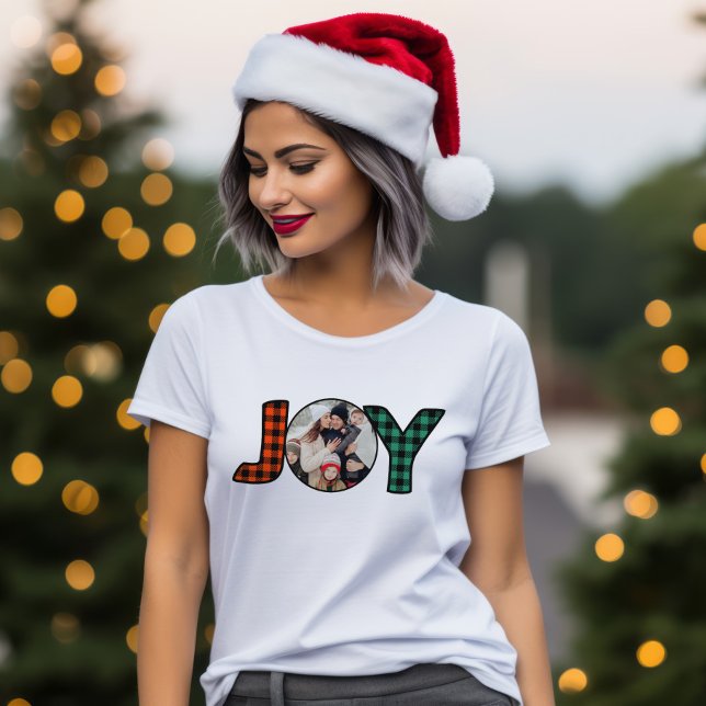 Christmas Plaid Joy Family Photo Template T-Shirt (Creator Uploaded)