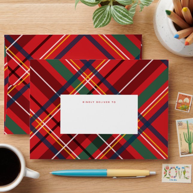 Christmas plaid merry bright holiday envelope (Desk)