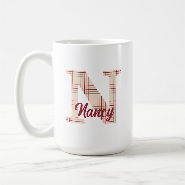 Christmas plaid monogram personalised coffee mug (Left)