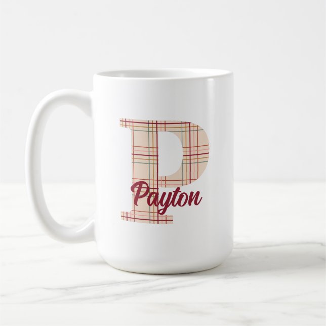 Christmas plaid monogram personalised coffee mug (Left)