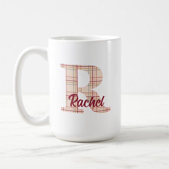 Christmas plaid monogram personalised coffee mug (Left)